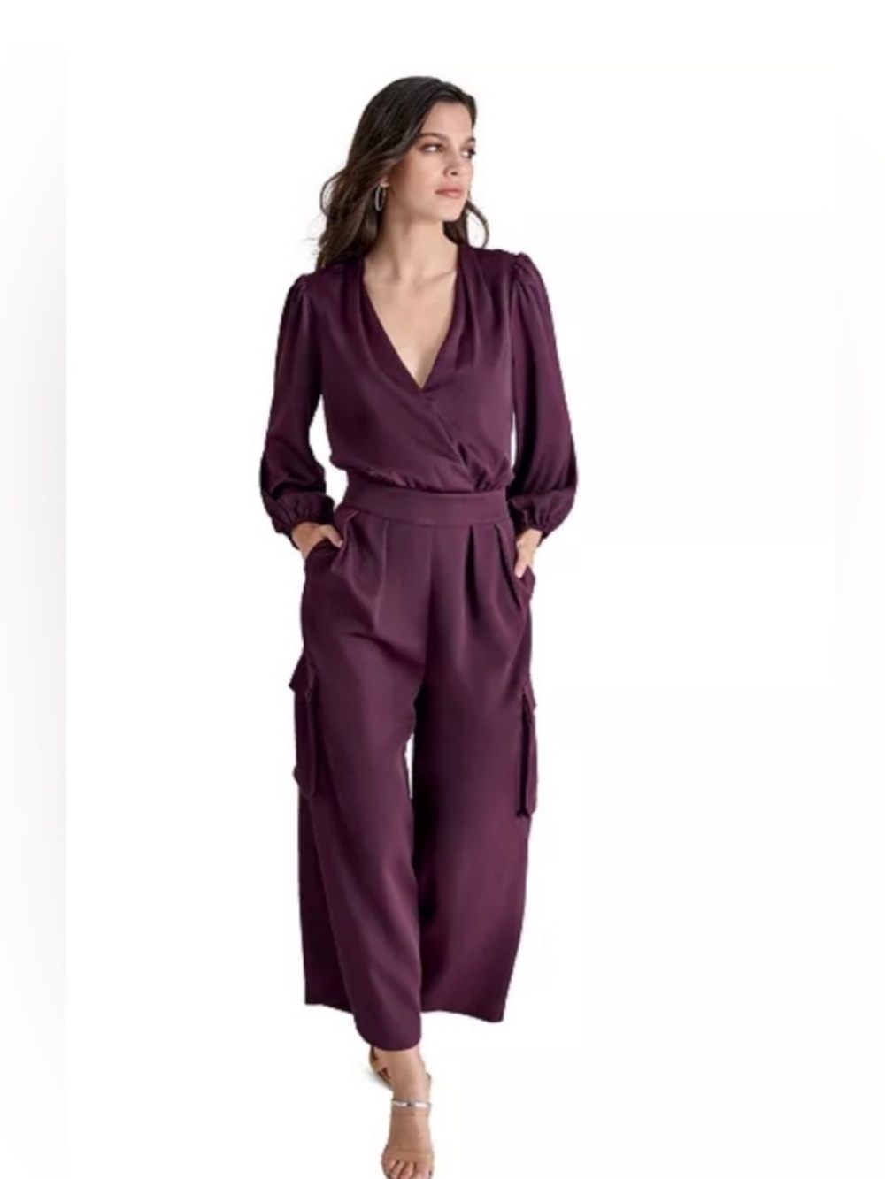 DKNY stretchy knit wide leg purple eggplant jumpsuit wrap top with pockets sz 6